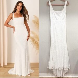 NWOT Lulus‎ Eternal Happiness White Lace Square Neck Mermaid Maxi Dress